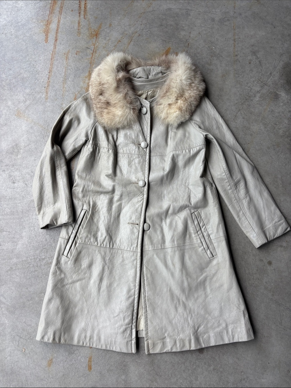 Vintage Peter Caruso Ivory Leather Coat Fur Collar 70s Quiet Luxury Jacket